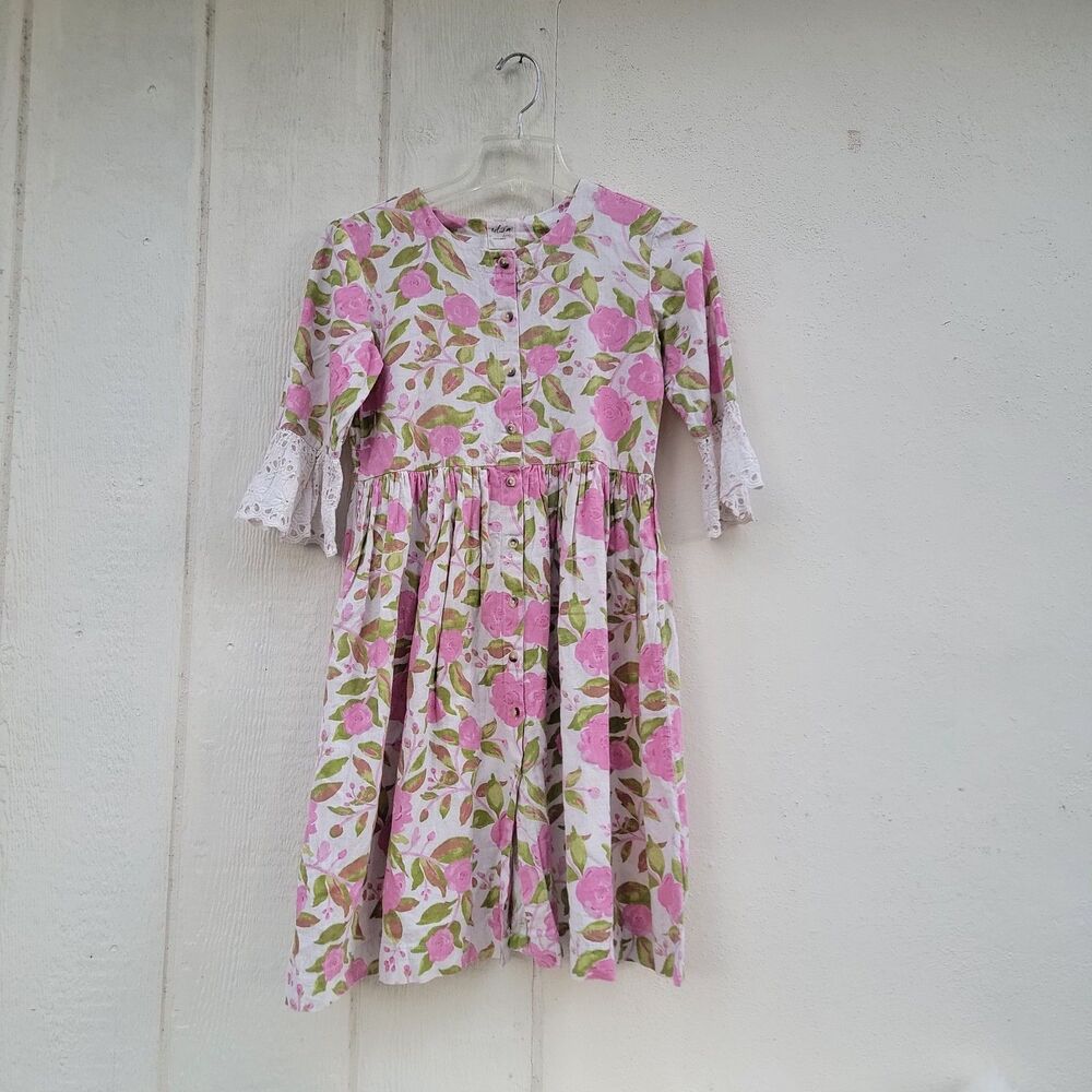 Utsa kids linen blend dress Sz 13/14 Yrs Pink Floral Eyelet Lace Trim Spring...